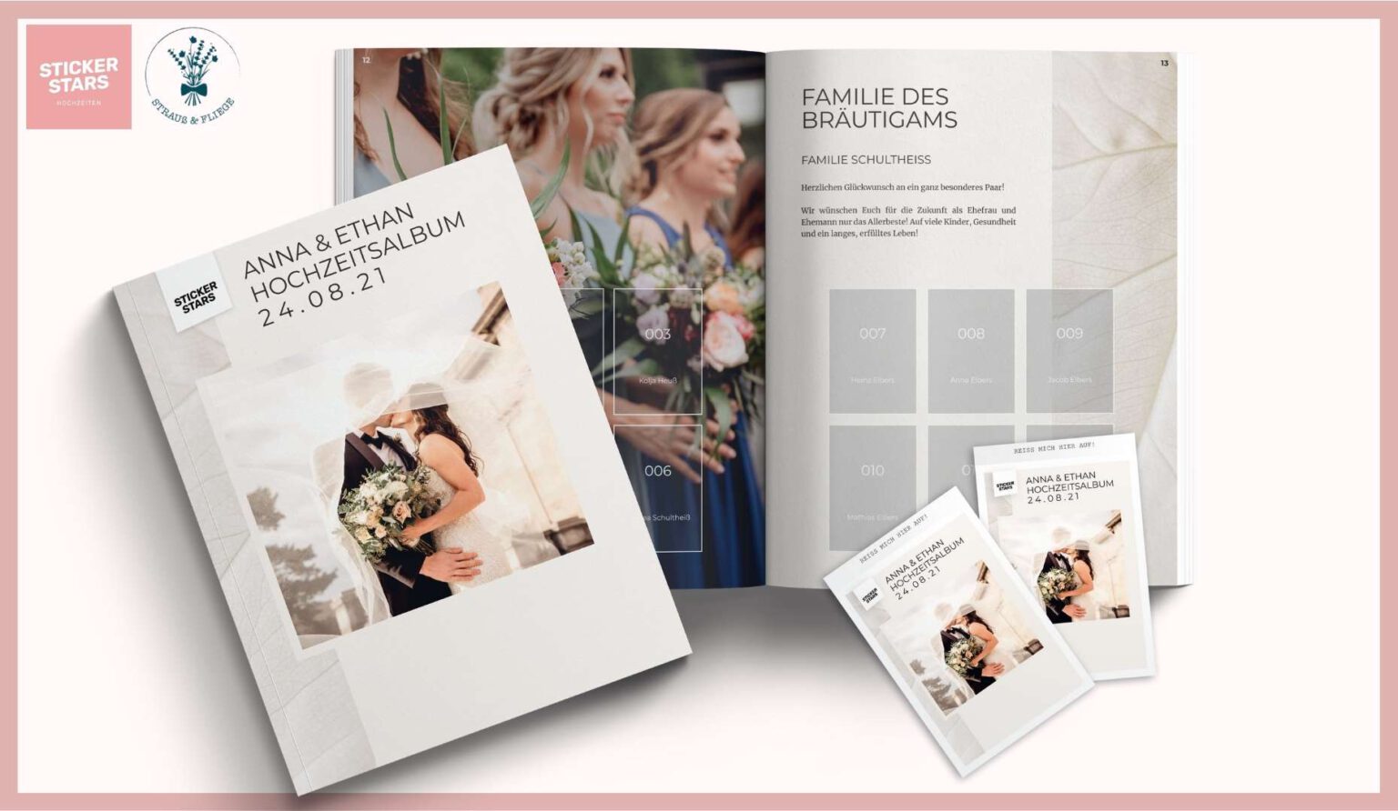 Das Stickeralbum für Eure Hochzeit! Strauß & Fliege