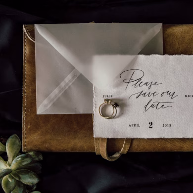 Hochzeitspapeterie Save the Date Karten und Eheringe